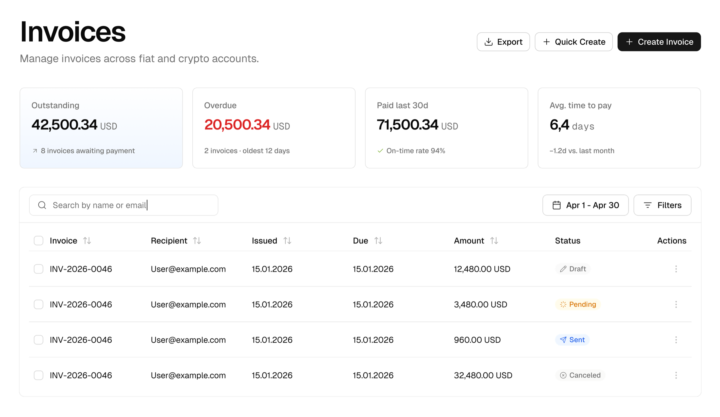 Tesarus invoices screen with outstanding, overdue, and paid totals and a list of invoices with recipient, dates, amount, and status